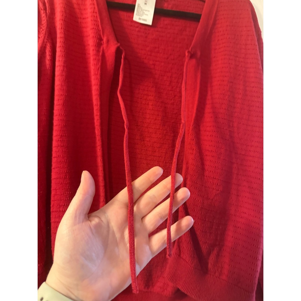 Serra Red 100% Cotton Tie Front Pointelle Knit Cardigan Sweater Womens Medium - Picture 4 of 6